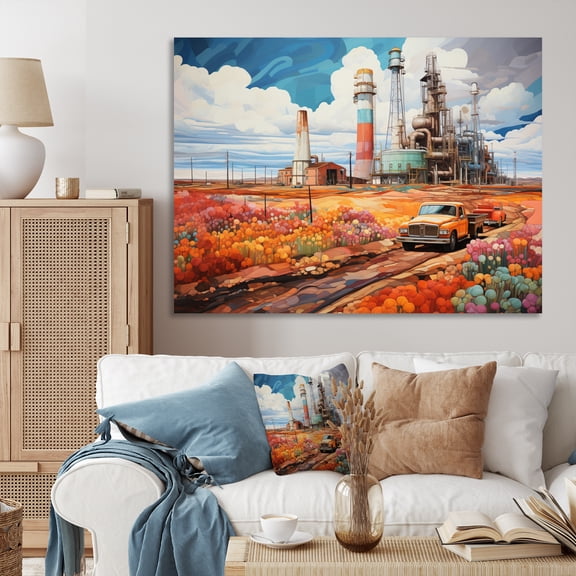 Designart "Rig Resonance Orange Oil Rigs in Action I" Oil Rigs / Fields Wall Art Living Room