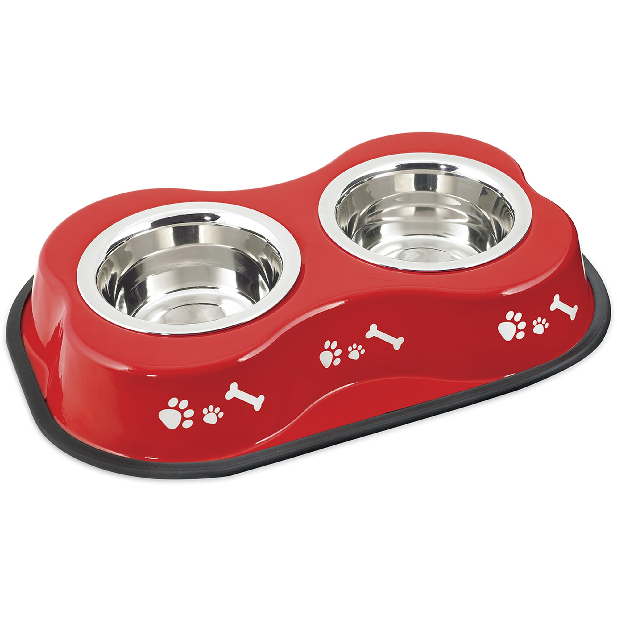 Bone Shaped Double Diner W 2 1pt Stainless Steel Bowls Bone Paws Print Red Walmart