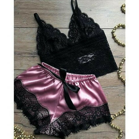 

Buytra 2PCS Womens Lace Sleepwear Lingerie Tops Shorts Set Babydoll Pajamas Nightwear