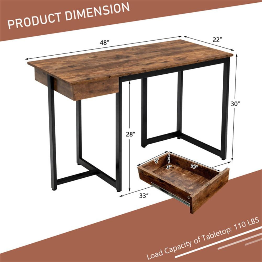 Demi Bonn 48" Computer Desk with Metal Frame and Adjustable Pads, Small Home Office Desk Study Writing Table, Brown