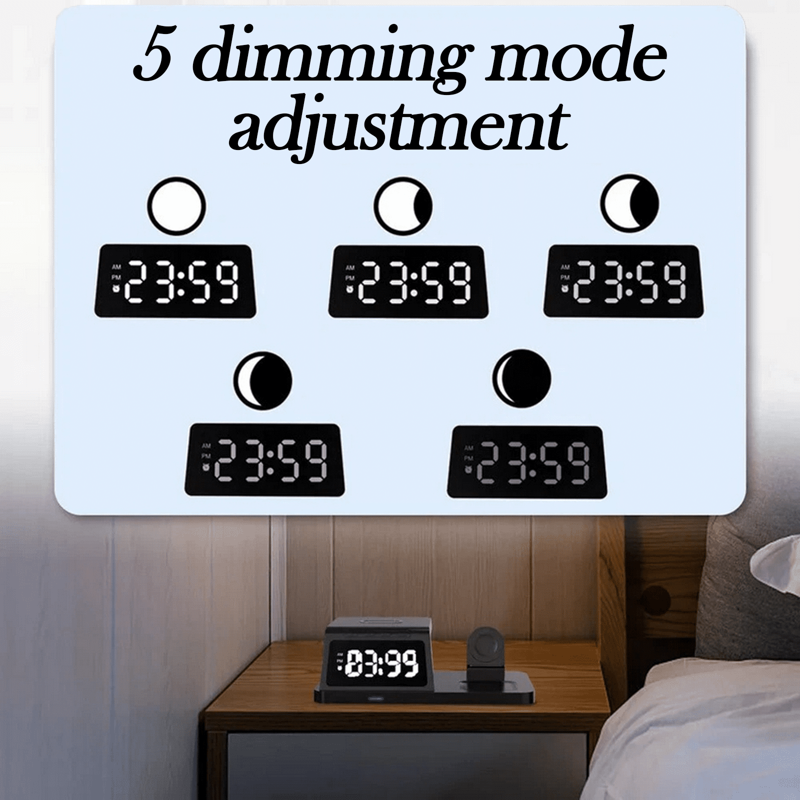 15W 4-in-1 Wireless Charging Station with Alarm Clock & Night Light – Fast Charger for iPhone, Apple Watch, AirPods & Android – White