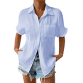 thumbnail image 1 of Camisa Estilo Boyfriend A Rayas Fruncidas para Mujer, Informal, con Cuello Corto, Mangas , Botones y Bolsillo, Azul, Talla 5XL, 1 of 7
