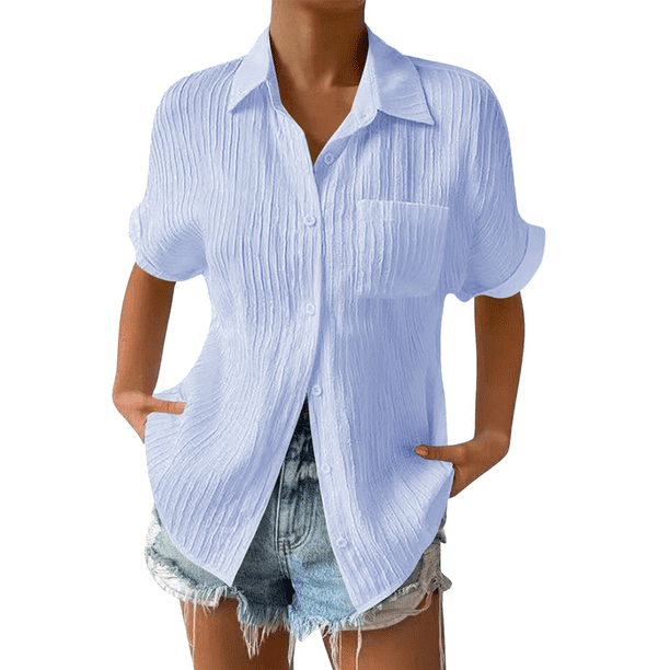 Camisa Estilo Boyfriend A Rayas Fruncidas para Mujer, Informal, con Cuello Corto, Mangas , Botones y Bolsillo, Azul, Talla 5XL