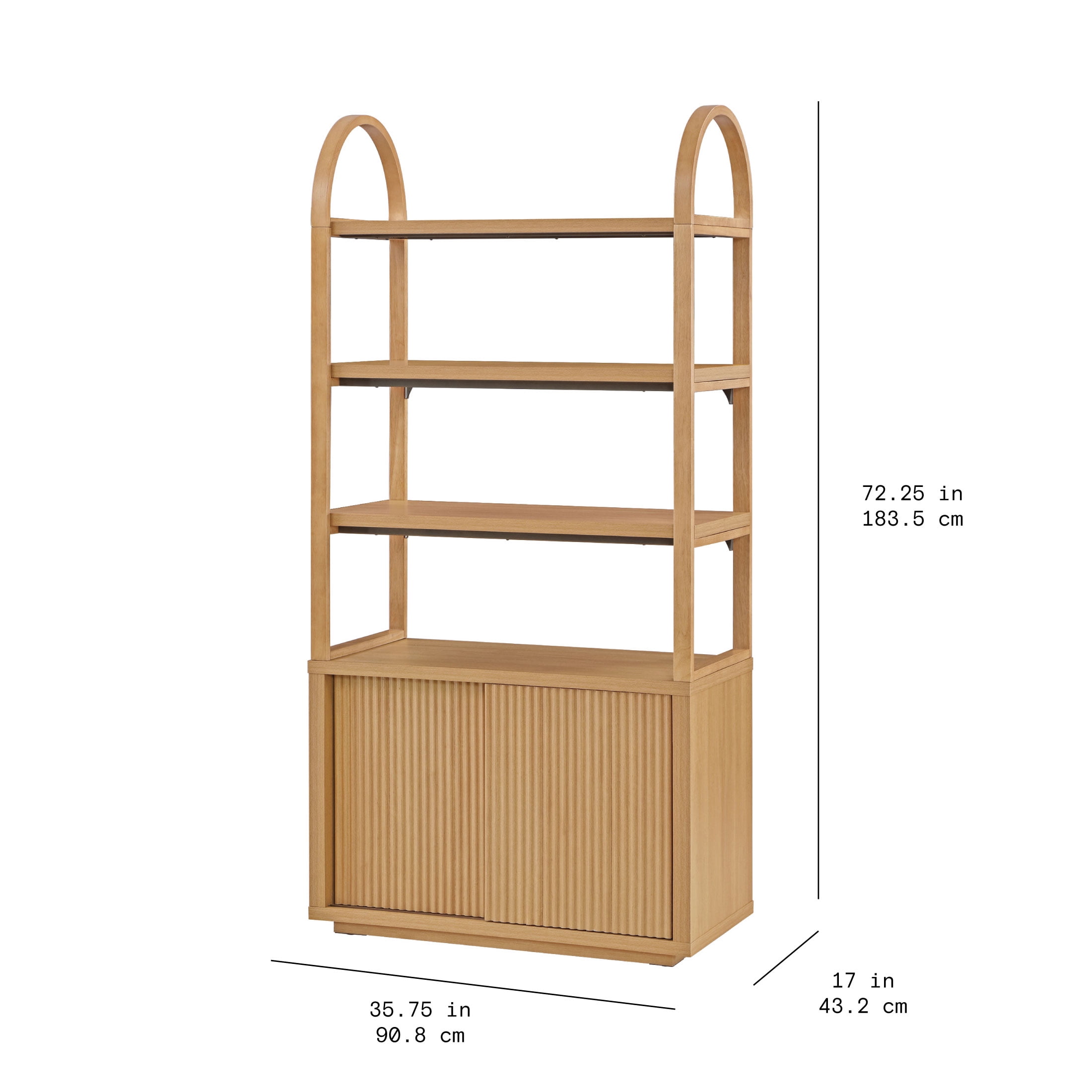 Beautiful Fluted 3-Shelf Bookcase with Storage Cabinet by Drew Barrymore, Warm Honey Finish
