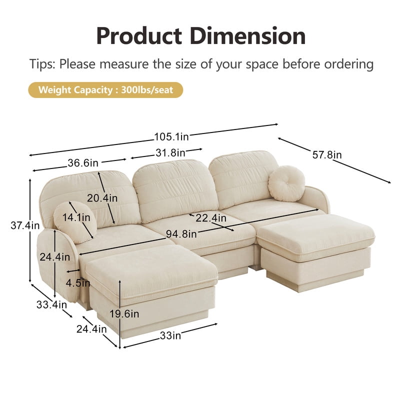 Chenille Modular Sofa with Ottomans, 3-Seater Deep Seat Cloud Couch, Convertible Sectional Sofa with Quilted Cushions & Round Pillows, Modern Sofa for Living Room, Apartment,Beige
