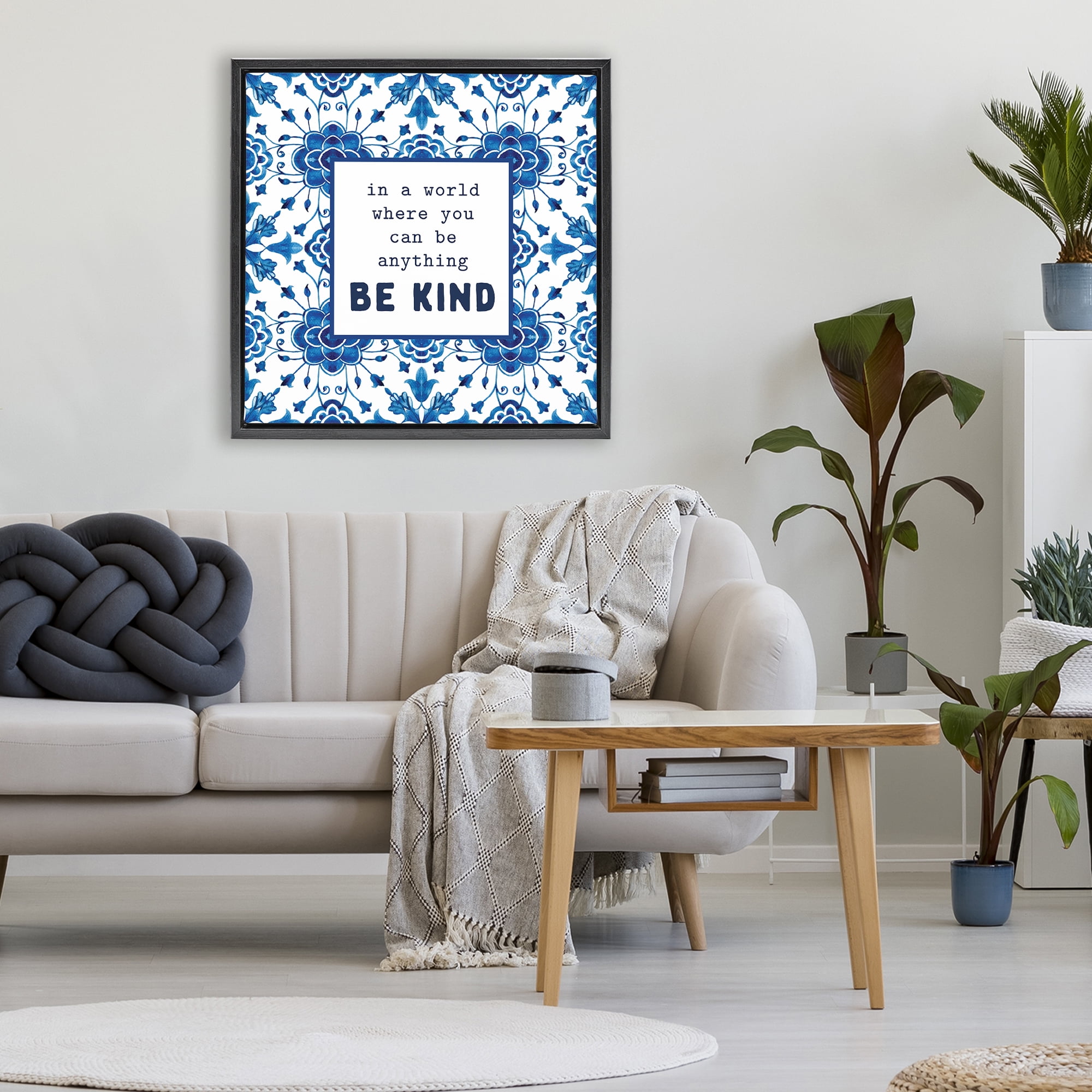 Patterned Be Kind Encouragement Black Framed Floater Canvas Wall Art, design by Lettered and Lined