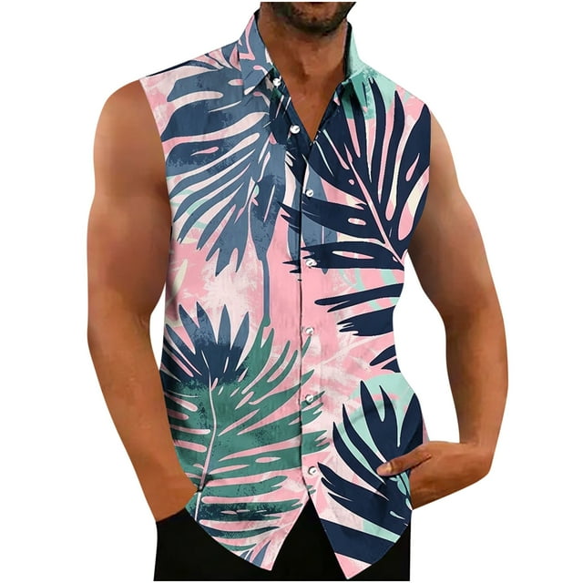 Tank Top para Hombres Botón de Impresión de los Hombres Casual Manga Corta Turndown Collar Tank Top