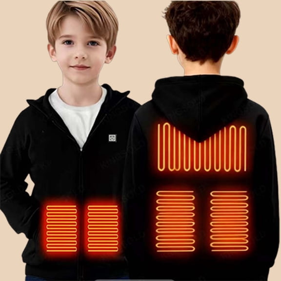 Boys Heated Hoodie Sweatshirt 5 Heating Zones Full-Zip Hooded Jacket (Black 9-10 Years)