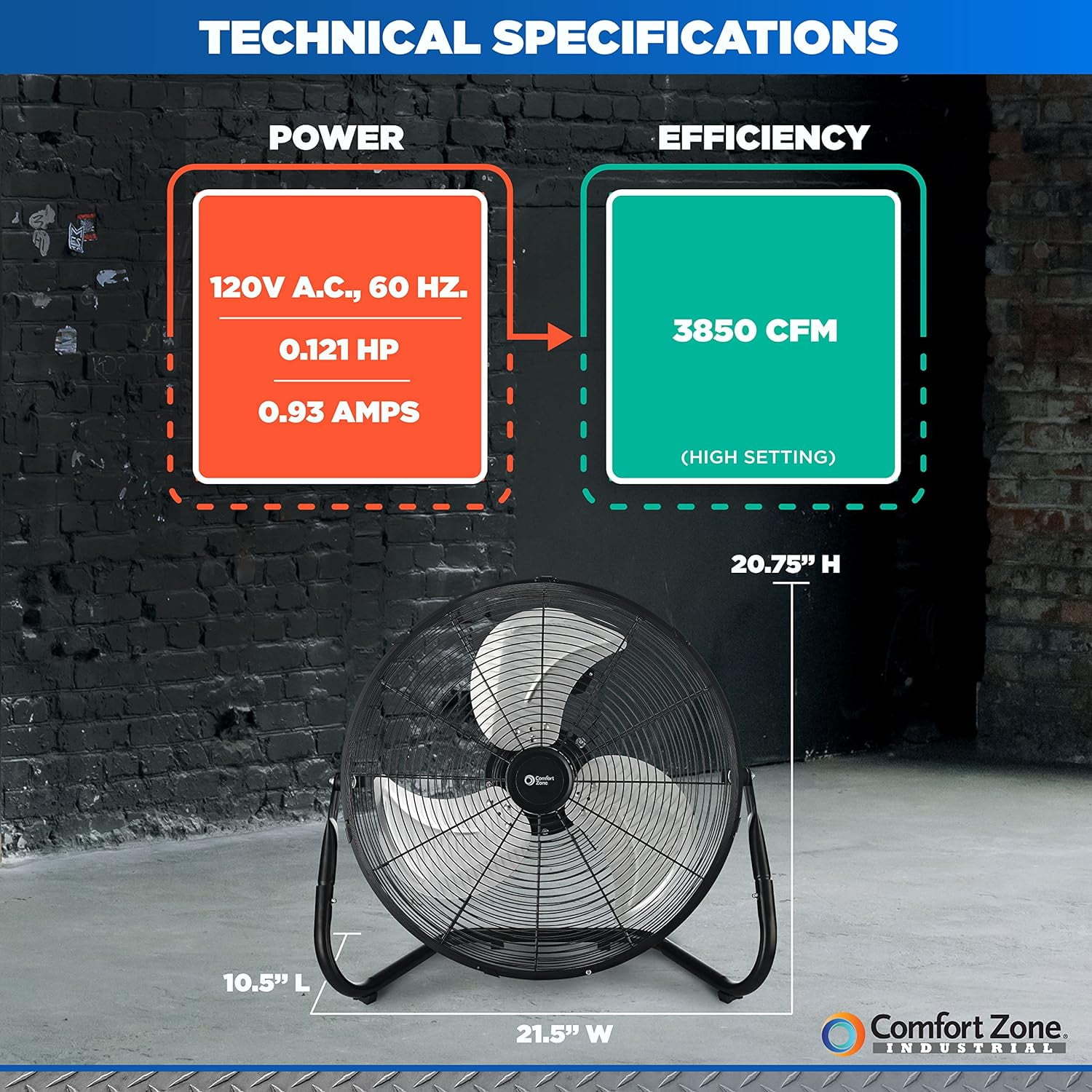 Comfort Zone 18" Metal Floor Fan with Adjustable Tilt, Carry Handle, Rubber Feet