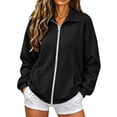 thumbnail image 3 of Women's Oversized Full Zip Up Sweatshirt Jacket Collared No Hood Long Sleeve Drop Shoulder Solid Color Cozy Lightweight Casual Y2K Outwear with Pockets for Fall Winter Spring Black L, 3 of 5