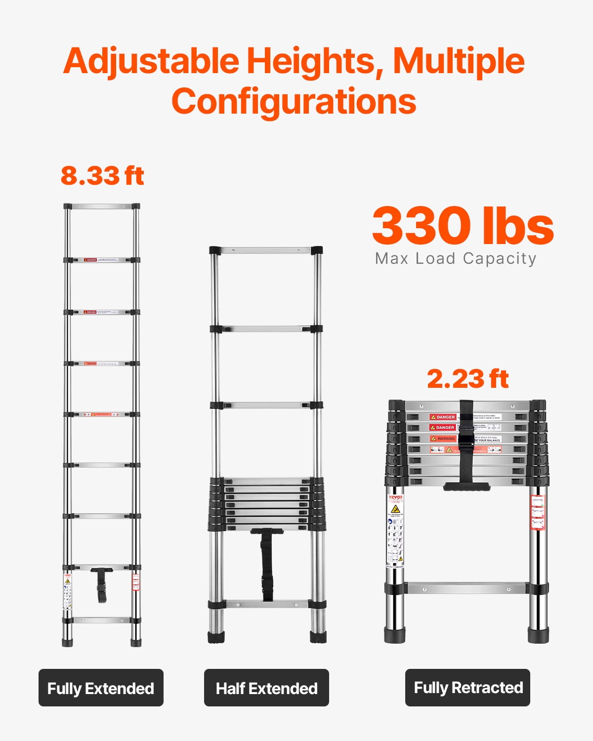 VEVOR Telescoping Ladder, 8.5ft 330LB Stainless Steel Extension Ladder with Non-Slip Feet, 9-Step Collapsible Ladder for Home/RV/Loft