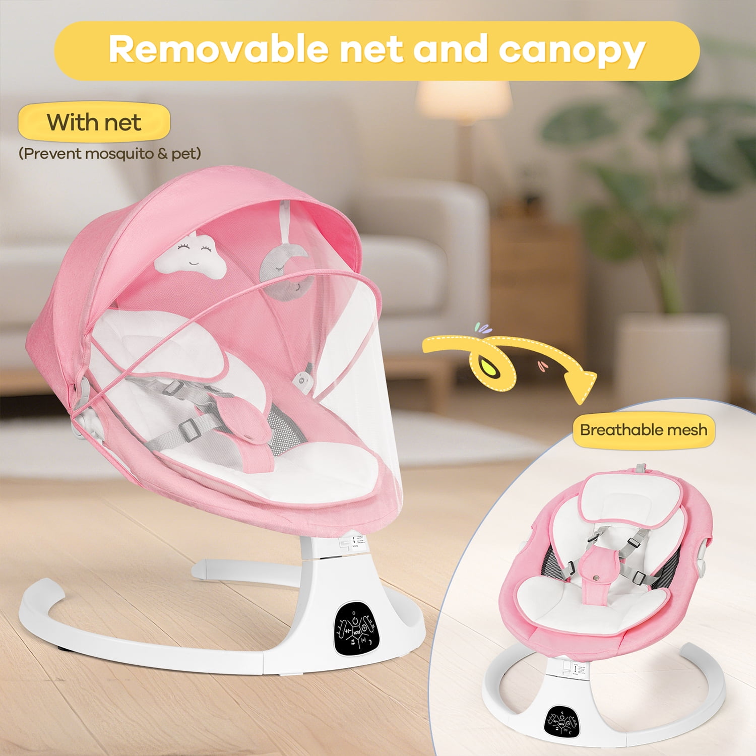 Baby Swing for Infants, Unisex Baby Bouncer, Bluetooth Music for 0-18 months, 5 Sway Speeds, 10 Lullabies,PINK