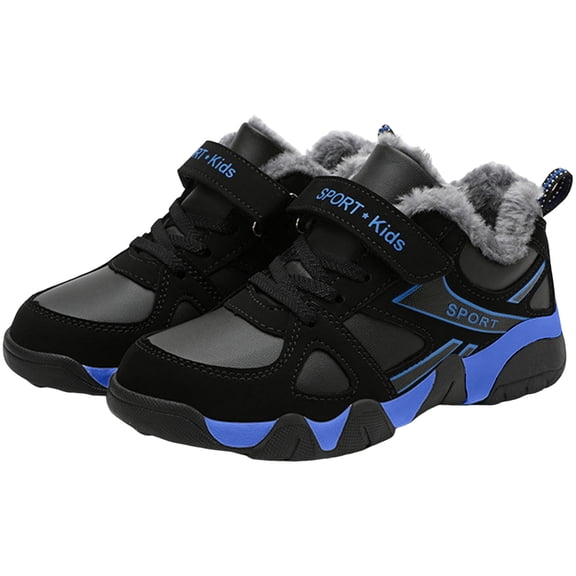 Kids Tennis Shoes Boys Winter Sneakers Warm Furry Lined Waterproof Leather Antislip Outdoor Walking Shoes Casual Ankle Boots Blue 4.5 Big Kid