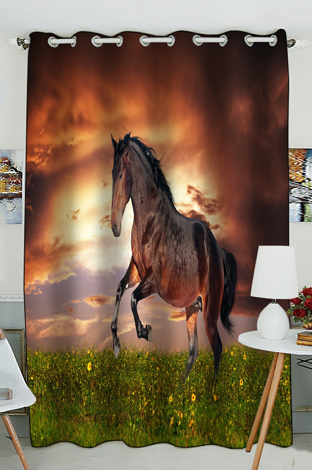 Phfzk Wild Animal Art Window Curtain, Beautiful Brown Horse Running