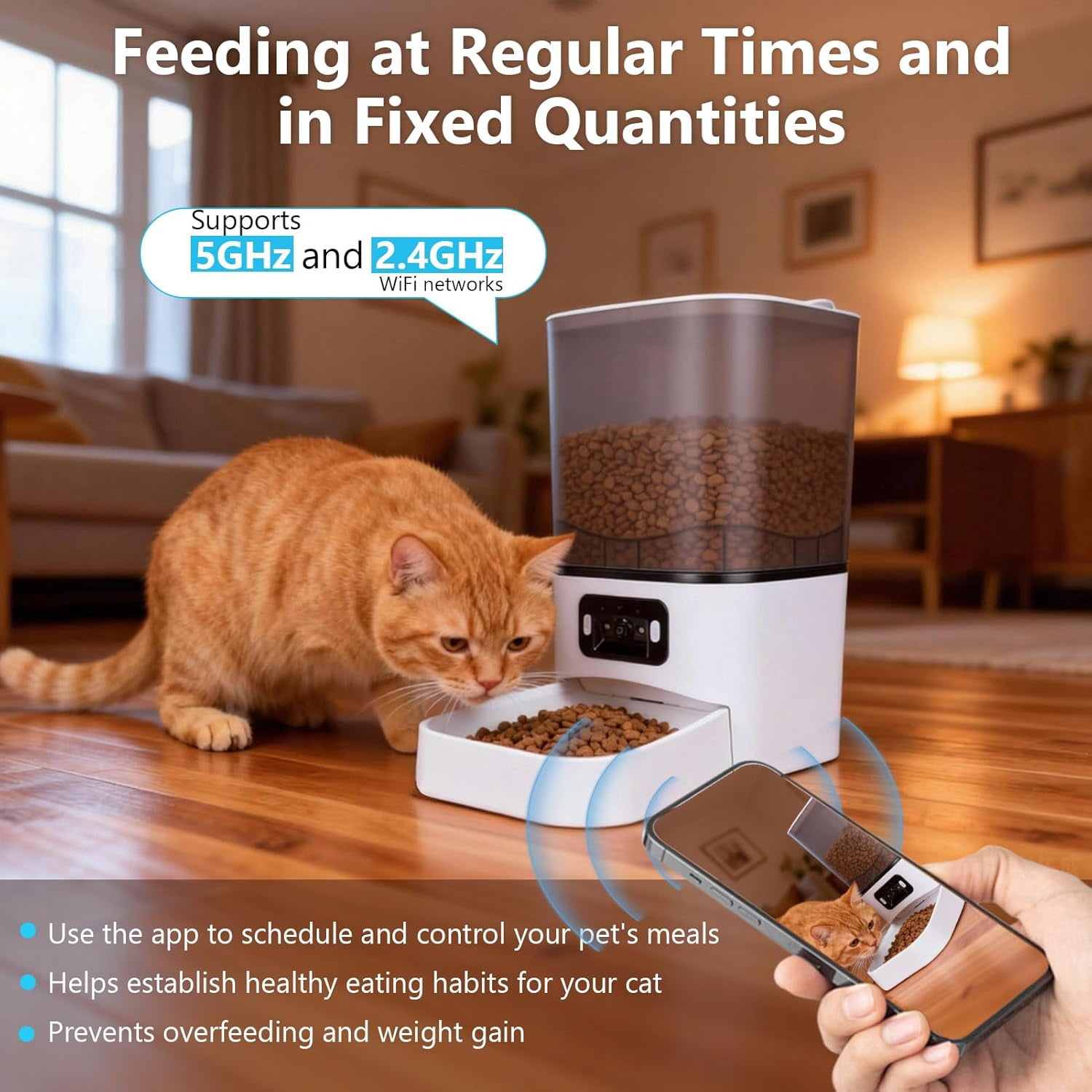 5G WiFi Automatic Feeder, Large Capacity 6L Timed Dry Food Dispenser for Cats and Dogs, APP Control & Anti-Clog Design for Multiple Pets