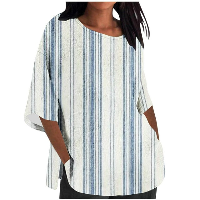 Scyoekwg Chemises à Manches 3/4 pour Femmes Tendance Grande Taille Col Rond T-Shirt Manches Trois-Quarts Léger Rayé Imprimé Graphique Tee Confortable Décontracté Été Blouses Amples (Bleu, TTTG)