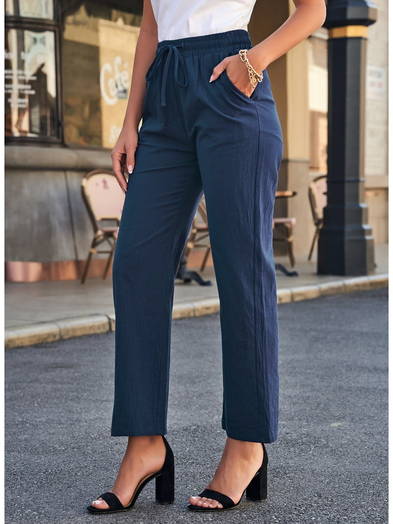DOKOTOO Womens Straight Leg Pants, High Waist with Elastic