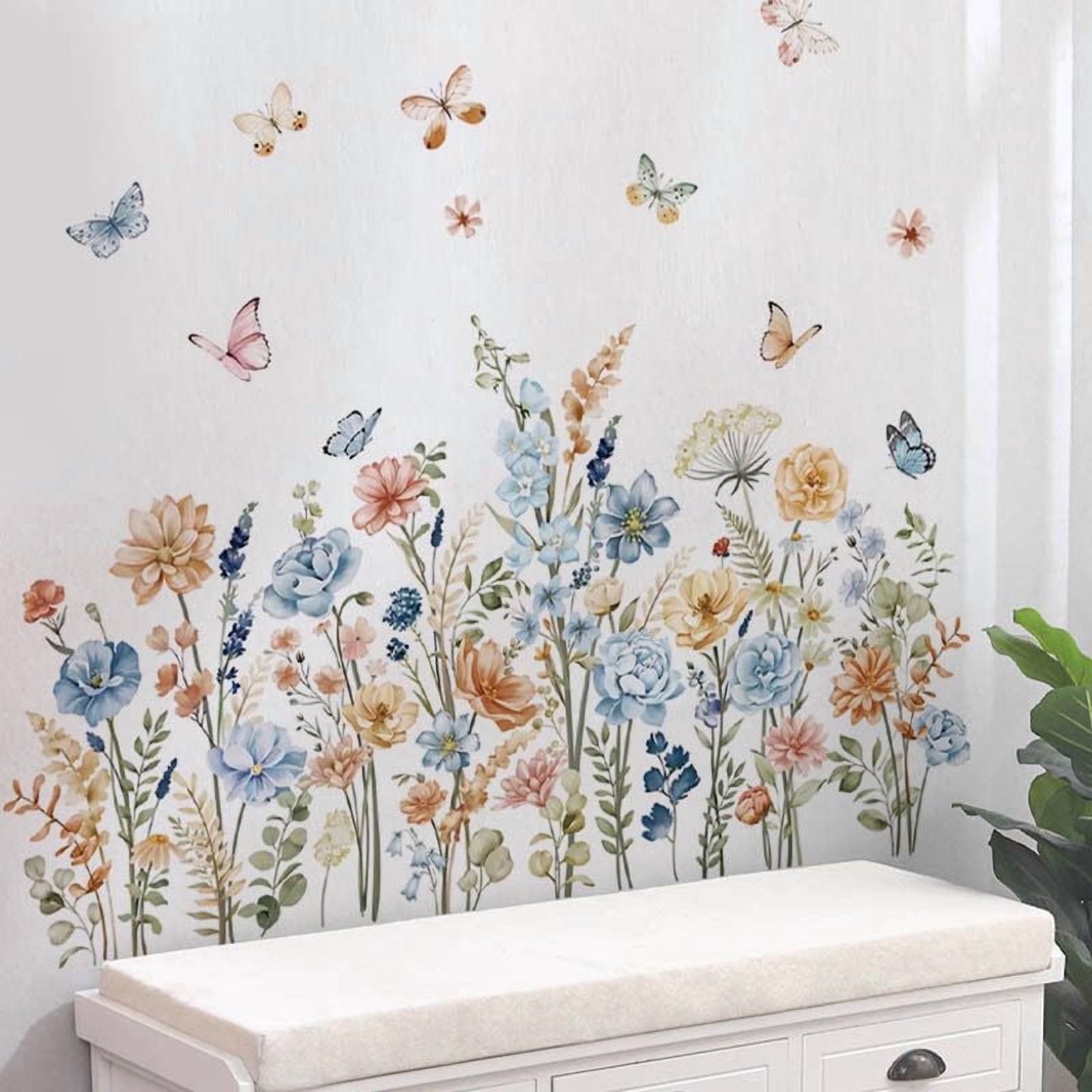 Watercolor plant stickers, flower wall stickers, butterfly wall stickers，Living Room DIY transparent stickers Peel and Stick Removable Home Decor Bedroom Sofa TV Wall Art Decoration