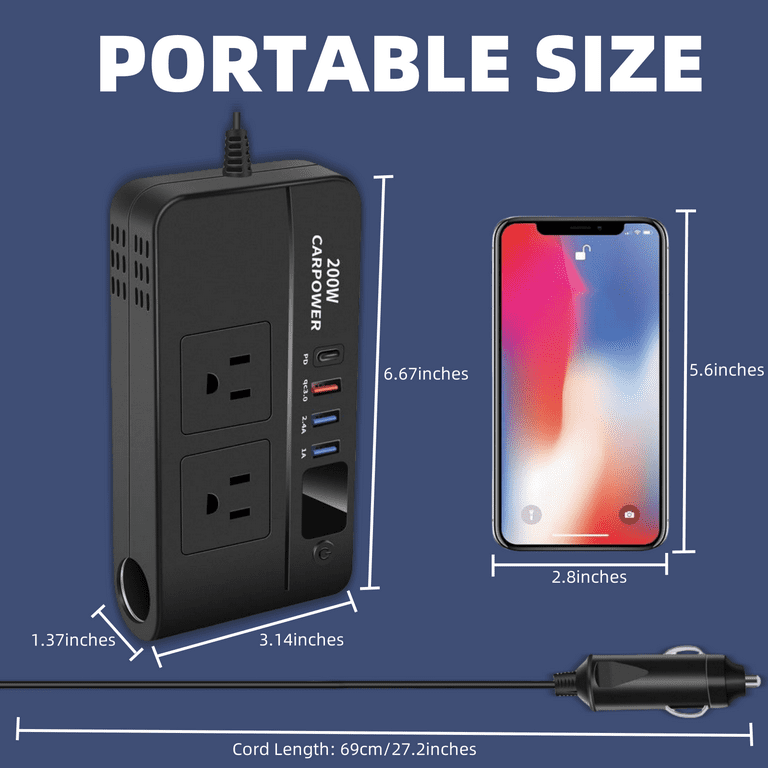 200W Car Power Inverter, TESSAN 12V DC To 110V AC Converter With 2 AC Outlets And 4 USB Ports, PD/QC 3.0 Fast Charging, Car-Essentials For Camping, Road Trip, Gray