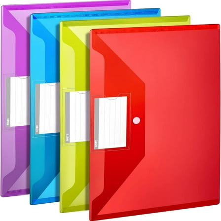 4 Pcs Plastic Folders with Pocket, Plastic Envelopes with Snap Closure, Reusable File Bags, for School & Office, A4 Size