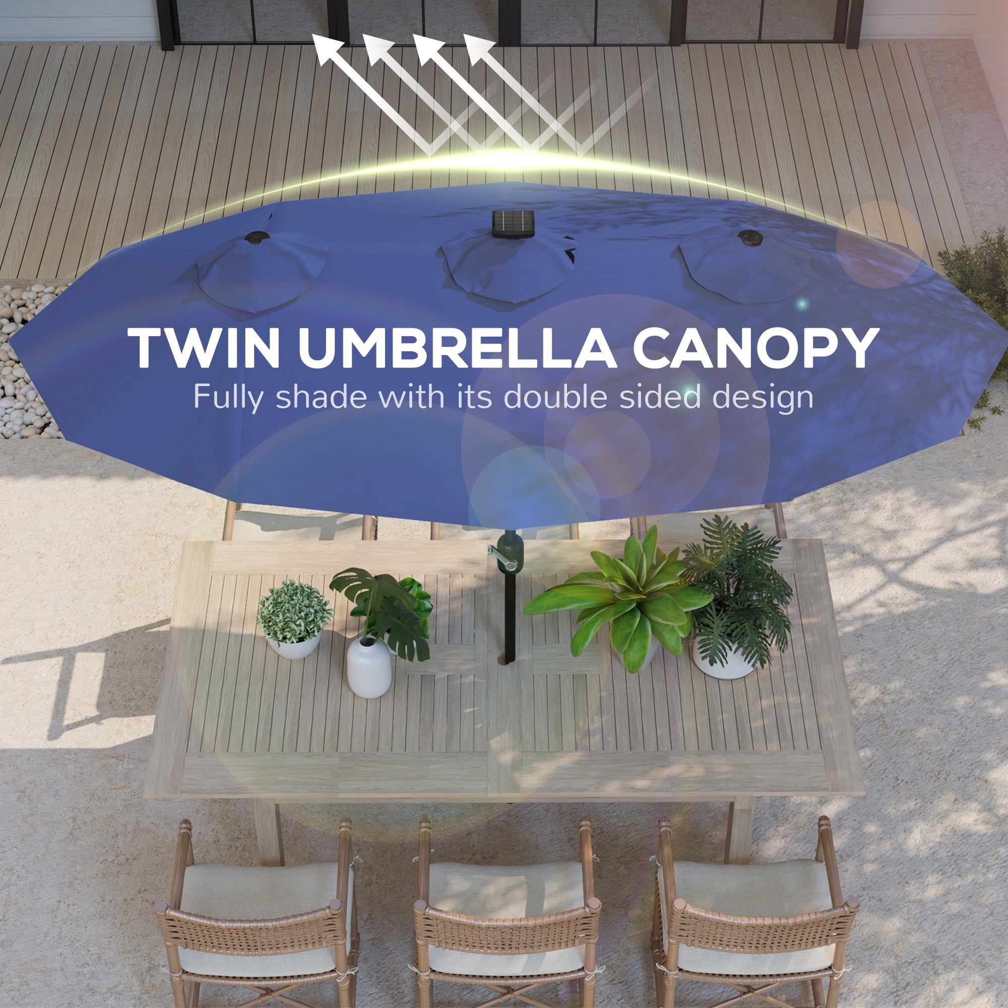 Outsunny 9.7' Double-sided Patio Umbrella with LED Solar Light, Tilt and Crank, Outdoor Umbrella, Navy Blue