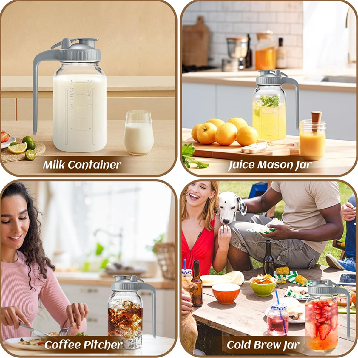 Glass Pitchers with Lid and Handle,32oz,Wide Mouth Leak-Proof Glass Water Pitcher, Creamer Container for Cold Brew 2Pcs