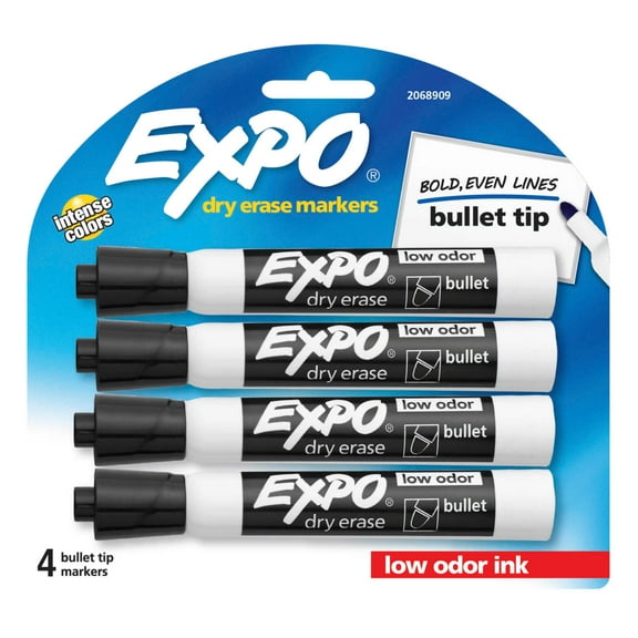EXPO Low Odor Dry Erase Markers, Bullet Tip, Black, 4 Count
