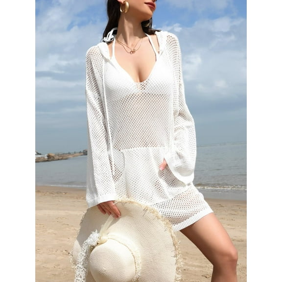 Charmo Womens Long Sleeve Hollow Out Swimsuit Hoddies Beachwear Dress with Pocket