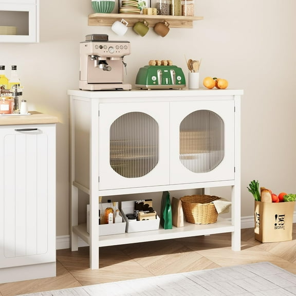 Farmhouse Console Table, Storage Cabinet with 2 Changhong Glass Cabinet Doors, Entryway Table with Storage Shelf, Sofa Table, Buffet Sideboard for Kitchen, Hallway, Dining Room, Living Room - White