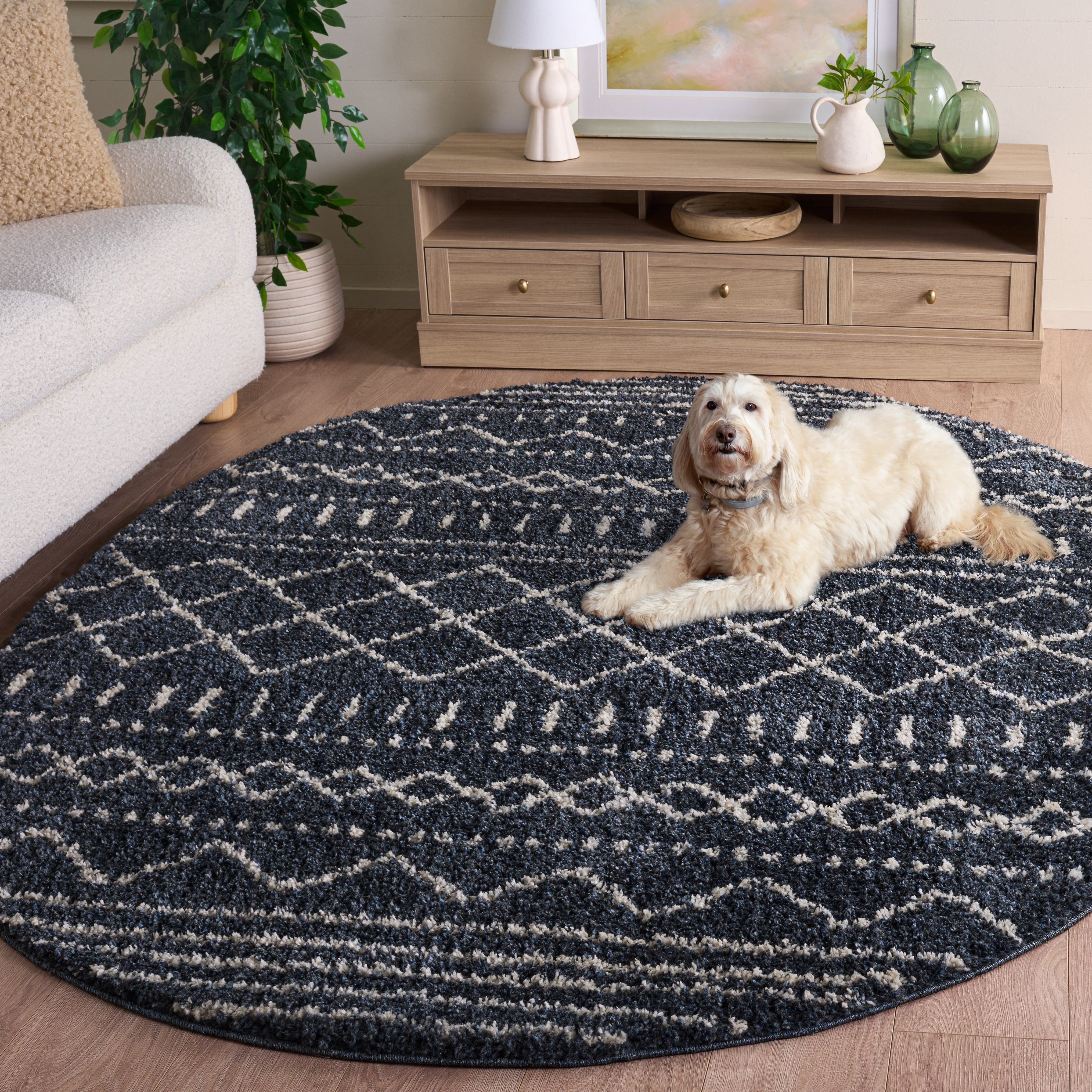 Safavieh Arizona Teagan Geometric Shag Area Rug, Slate Blue/Ivory, 6' x 8' Oval