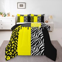 Homewish Fashion Abstract Teens Queen Comforter Set, Modern Zebra Cheetah Print Bedding Sets, Chic Yellow Polkadots Reversible Bedding Comforter Set, Lightweight Room Decor, 3 Pieces
