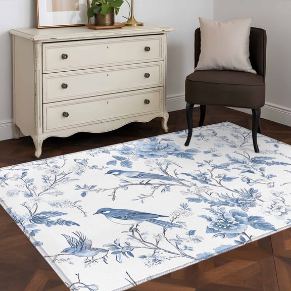 3'x5' Area Rugs, White Blue Spring Floral Indoor Outdoor Area Rug for Living Room Bedroom, Summer Birds Botanical Washable Bathroom Rugs Kitchen Floor Carpet Mats Home Decor Aesthetic