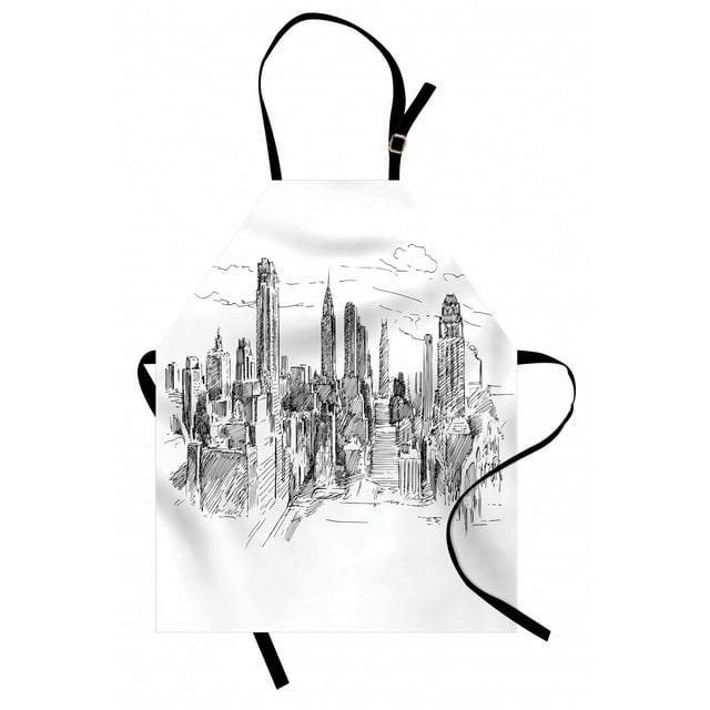 New York Apron Hand Drawn NYC Cityscape Tourism Travel Industrial Center Town Modern City Design, Unisex Kitchen Bib Apron with Adjustable Neck for Cooking Baking Gardening, Grey White, by Ambesonne