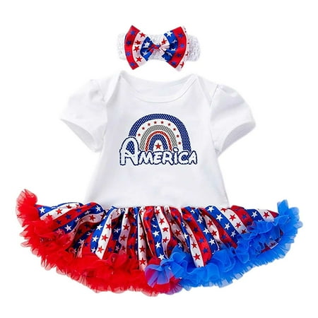 RTKFRFLM Girls Summer Dress Independence Day Baby Dress Cute Splicing Mesh Star Bag Butt Shoes Hair Accessories Set (0 24 Months) Girls Formal Dress 0-3 Months