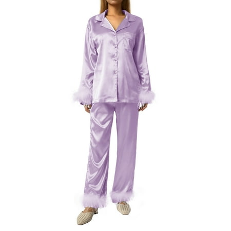 

Women s Pajamas Silk Satin Set Sleepwear Feather Patchwork Long Sleeve Button-Down Tops+Wide Leg Pants Loungewear Nightwear