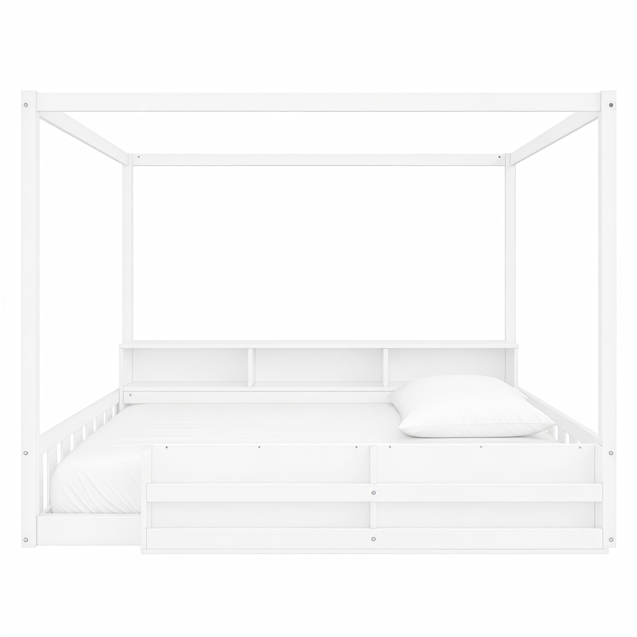 GDF Studio Misol Full Size Montessori Canopy Floor Bed with Storage & Guardrails, Pine Wood Kids Bed Frame, White