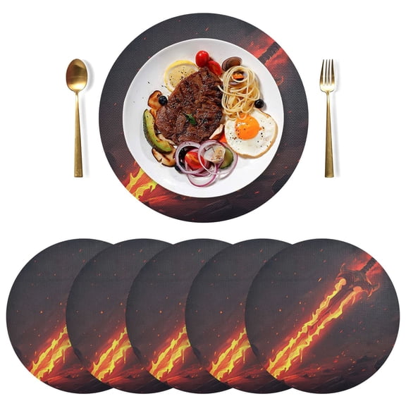 Round Placemats Plate Mats 15 Inch Non-Slip Heat Resistant Washable PVC Set Table Decoration for Kitchen Dining Flaming Sword