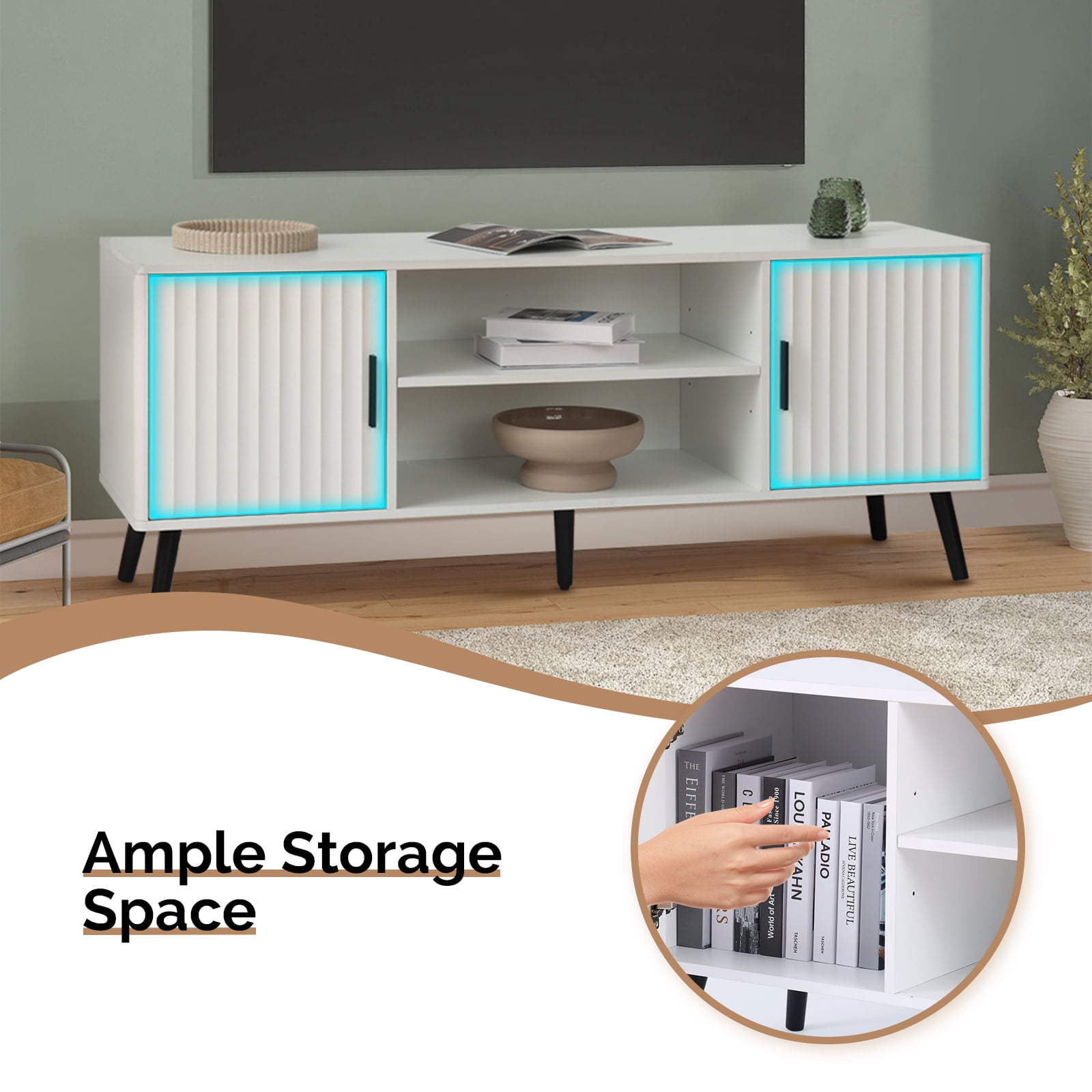 KATHY&BOB Modern TV Stand for 55-65 Inch TV, Media TV Console Table with 2 Storage Cabinets and Adjustable Shelf, Wood Feet, White