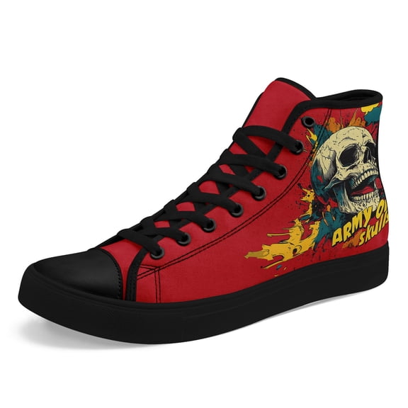 Coolcustomize Men's Punk Rock Sneakers, Army of Skulls Gothic Shoes with Lace-Up, High-top Edgy Streetwear Boots for Concerts - Bold Red & Black Colorway - Concert Footwear, Alternative Urban Fashion
