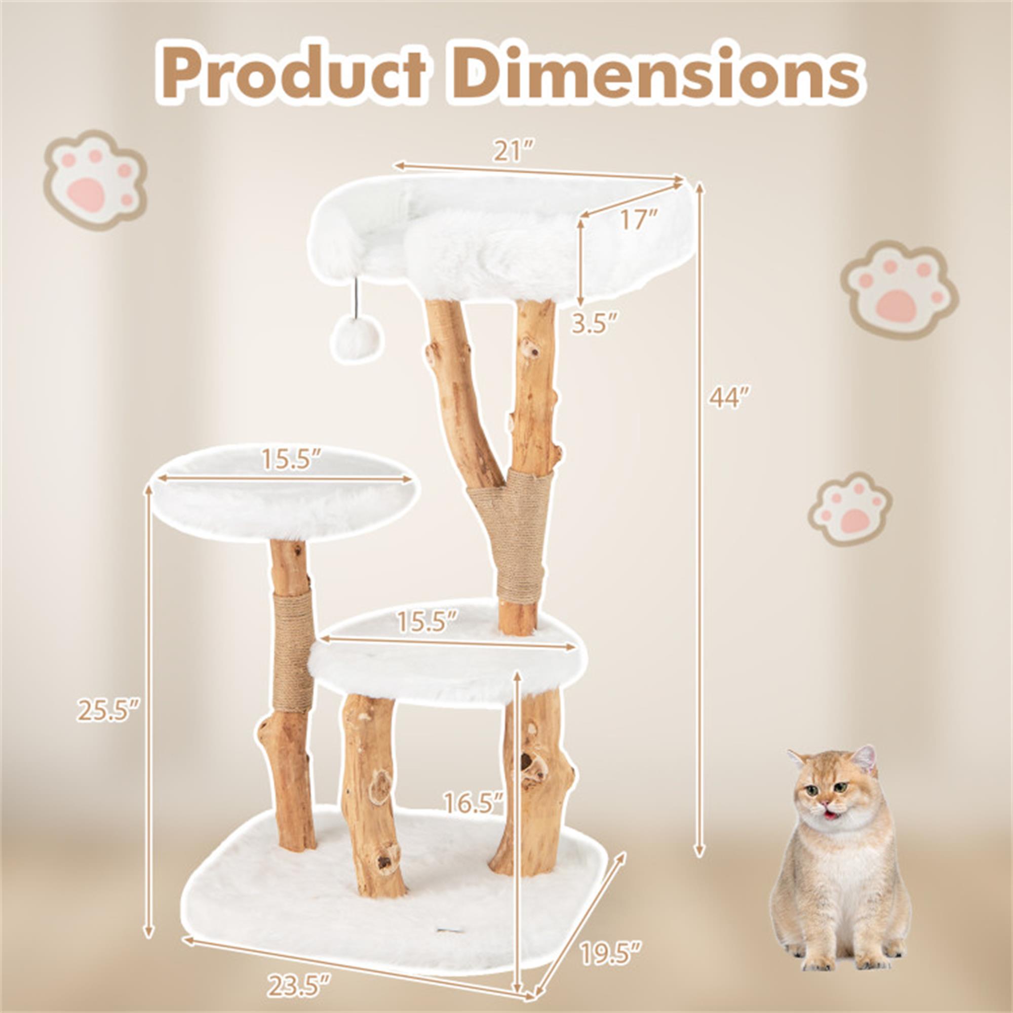 resenkos 44" Solid Wood Cat Tree Tower for Indoor, Modern Cat Condo with Scratching Post, Cat Climbing Tree House Furniture, White
