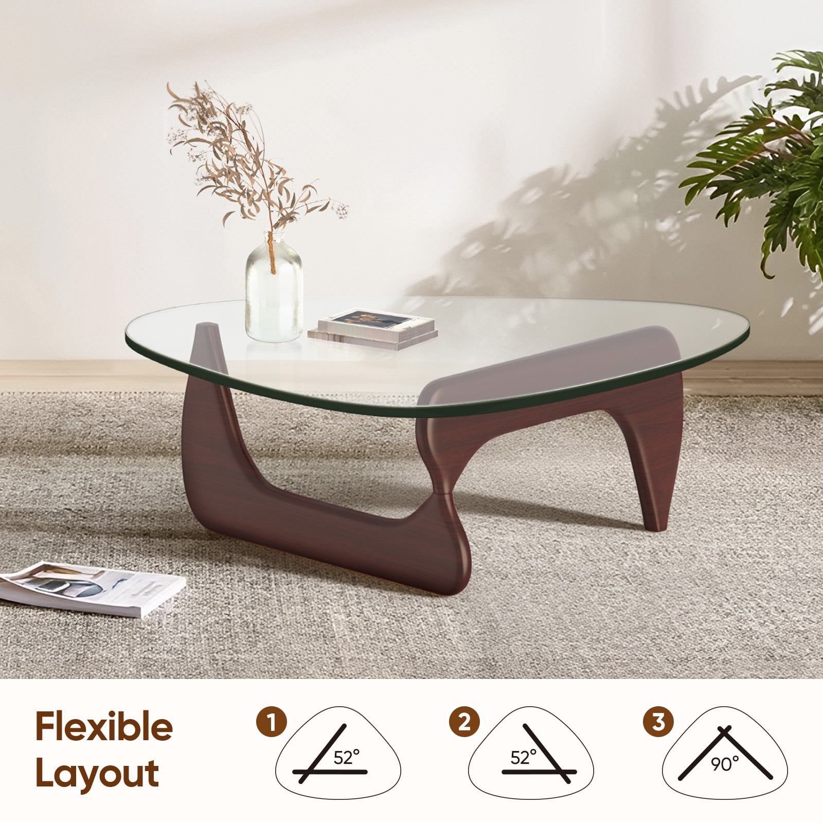 Cottinch 50" Triangle Glass Coffee Table with Wood Base for Living Room Office, Dark Walnut