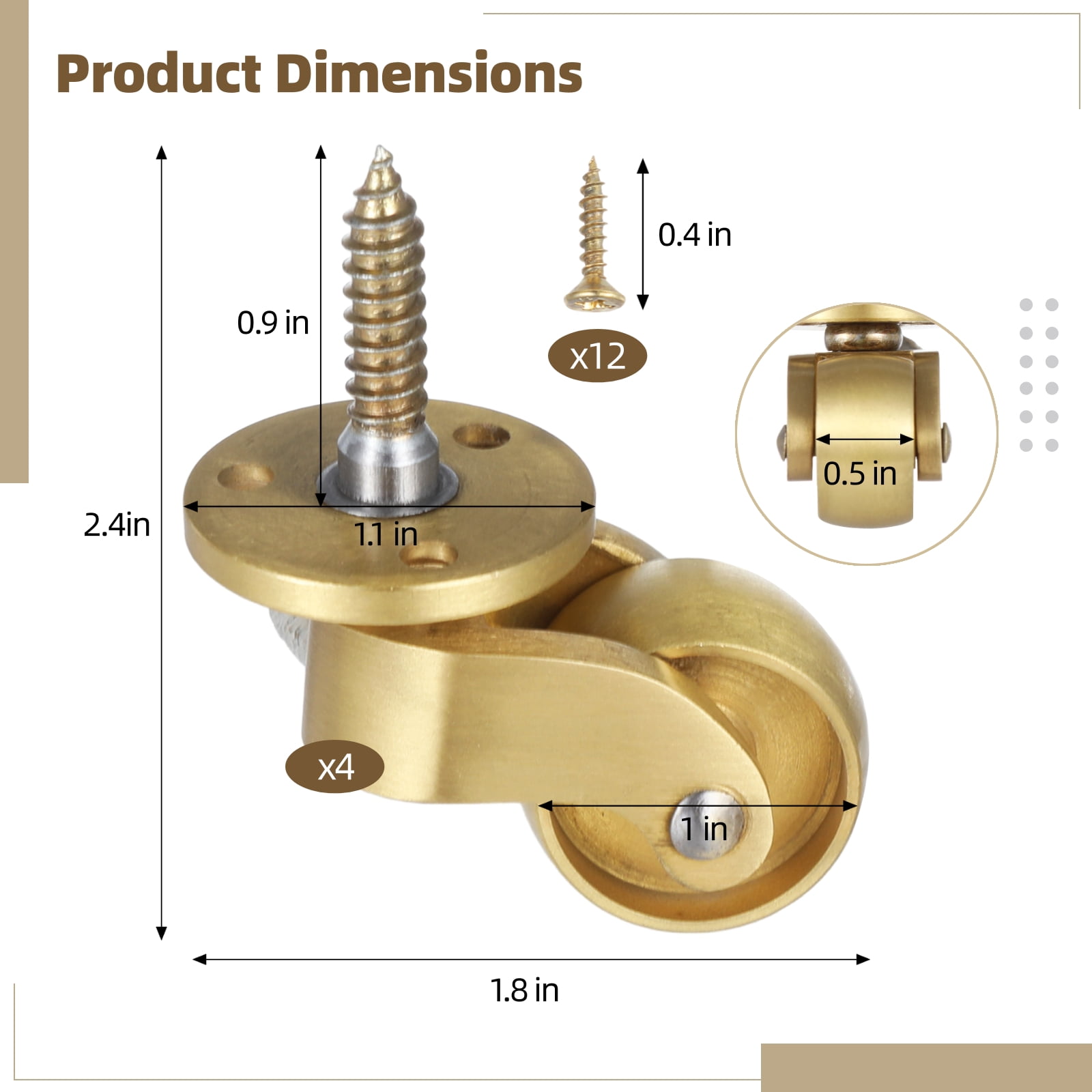 4 PCS Brass Universal Casters, Self-Tapping Stem Swivel Casters, Heavy Duty Metal Rolling Wheels 220 Lbs Load Bearing, 360 Degrees Rotation Movable Wheels for End Table Cabinet Chair Furniture