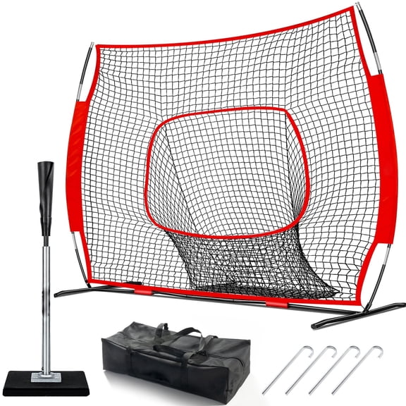 FITPLAY Baseball Batting Tee and 6FT Practice Net Combo for Batting, Hitting, Pitching,Throwing
