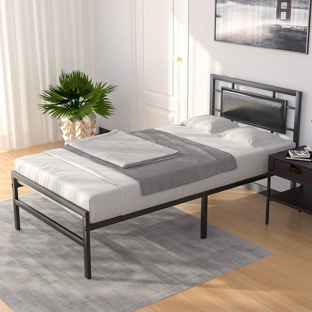 mecor Vintage Metal Twin Bed Frame Black Upholstered Faux Leather