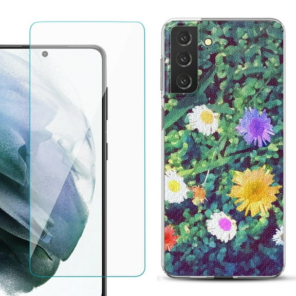 Slim-Fit TPU Fashion Phone Case for Samsung Galaxy S21 FE 5G Fan Edition, with Tempered Glass Screen Protector, by OneToughShield ® - Daisy Paint