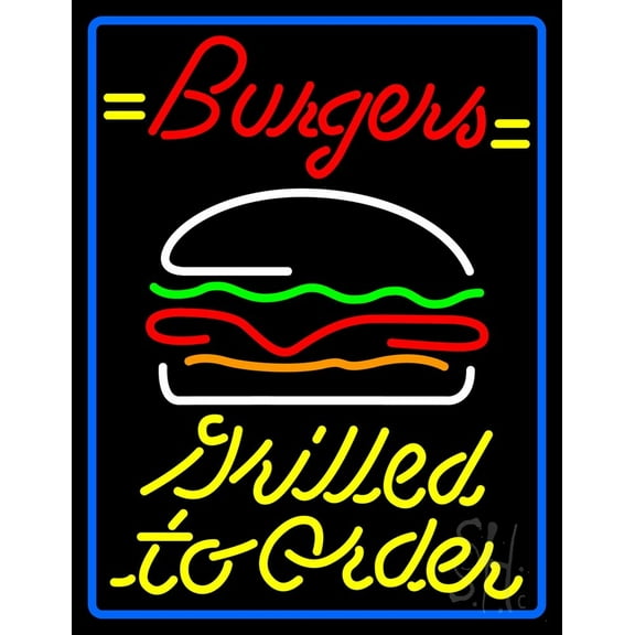 Burgers Grilled Toorder With Border LED Neon Sign 15 x 19 - inches, Clear Edge Cut Acrylic Backing, with Dimmer - Bright and Premium built indoor LED Neon Sign for restaurant decor.