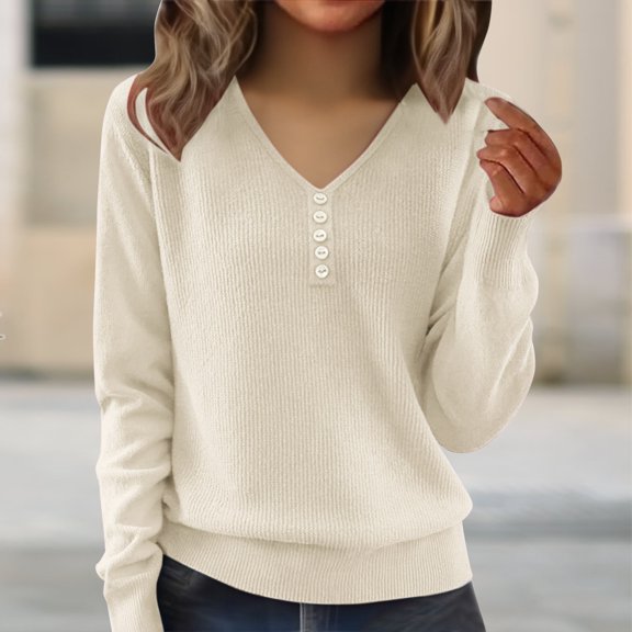 Women's V-Neck Button Detail Knit Sweater, Loose Fit Long Sleeve Pullover with Slimming Effect, Plus Size Soft Blouse for Layering and Outer Wear, 2025 Casual Comfortable Daily Top Beige L