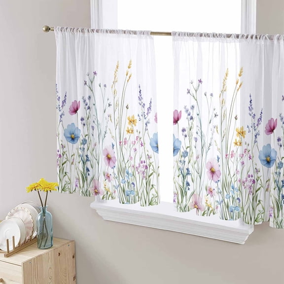 Spring Floral Sheer Curtains 45 Inch Length 2 Panels Set for Living Room/Bedroom, Colorful Botanical Wildflower Summer Semi Curtain Sheers Drapes Rod Pocket Curtains Window Treatment Set 52''x45''x2