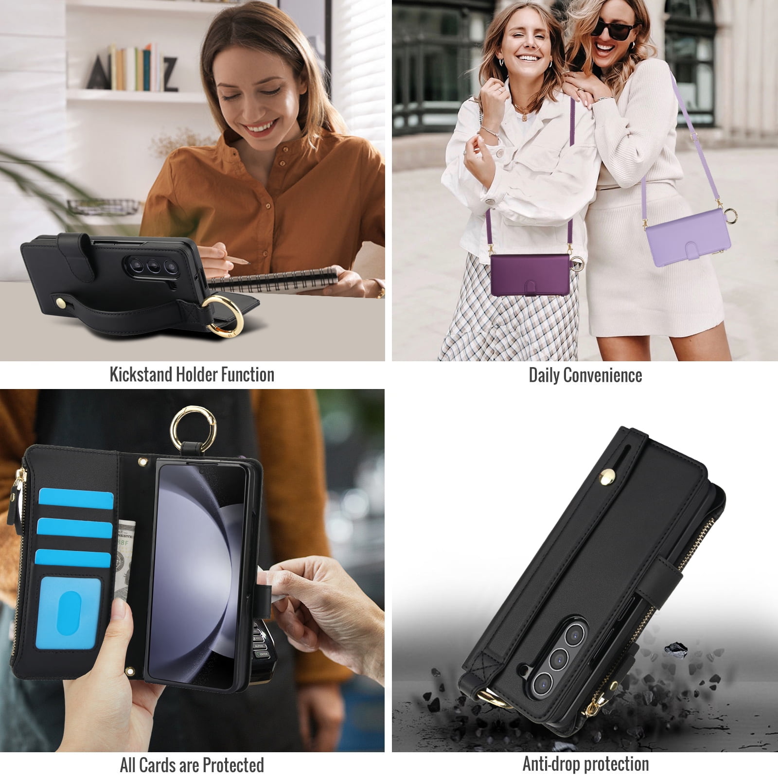 ChicShell Wallet Flip Case for Samsung Galaxy Z Fold 7, RFID Blocking Cards Slots Zipper Pocket Hand Strap Shockproof Stand Phone Case Cover with Crossbody Lanyard for Women Girls, Black