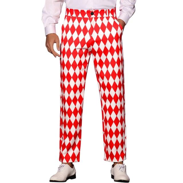 INSPIRE CHIC Pantalon Imprimé à Losanges pour Hommes Coupe Régulière devant Plat Pantalon Habillé 34 Rouge Blanc